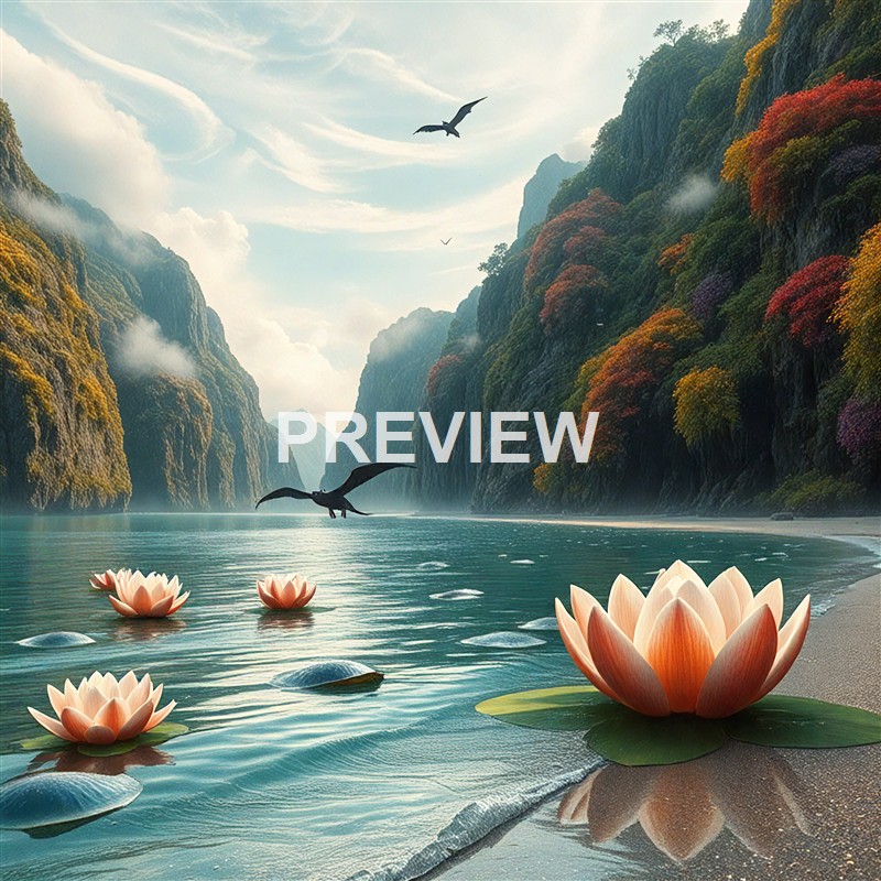A serene landscape featuring a calm river with large blooming water lilies, surrounded by towering, colorful, forested cliffs with birds flying in the sky.